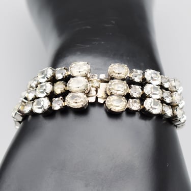 Wide 50's rhinestone silver tone clasp bracelet, three row crystal Hollywood Regency bling statement 