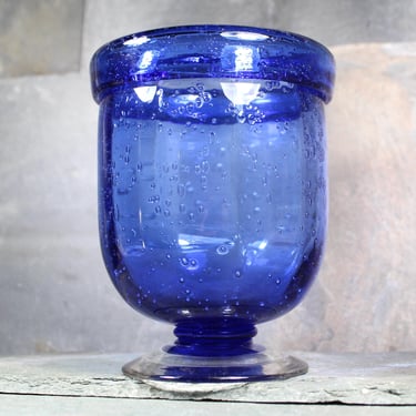 Blown Glass Wide Mouth Pedestal Vase | Cobalt Blue Glass with Bubbles | Bixley Shop 