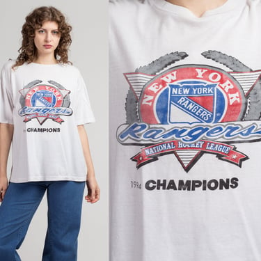 1994 New York Rangers NHL Champions T Shirt - Men's Large | Vintage 90s White Graphic Hockey Tee 
