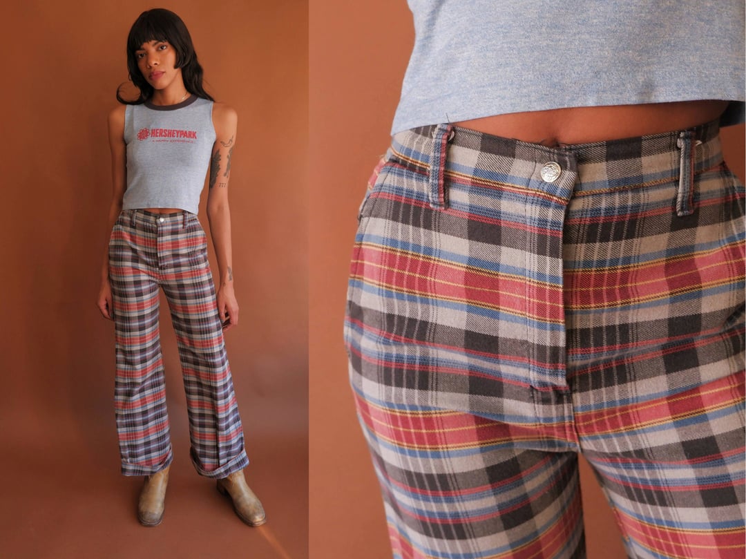 Vintage 70s Plaid Bell Bottoms/ 1970s High Waisted Wide Leg