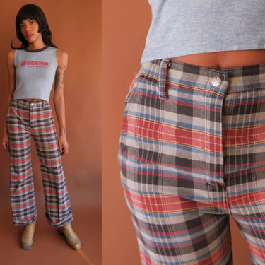 Vintage 70s Plaid Bell Bottoms/ 1970s High Waisted Wide Leg Pants/ Size 26 