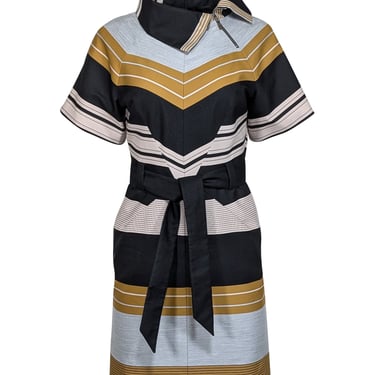 Karen Millen - Black, Grey & Yellow Striped Sheath Dress w/ Belt Sz 4