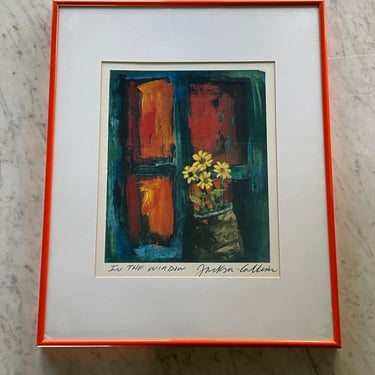 Jacklyn Collins In the Window Print Flowers Vintage Still Life Framed Litho 