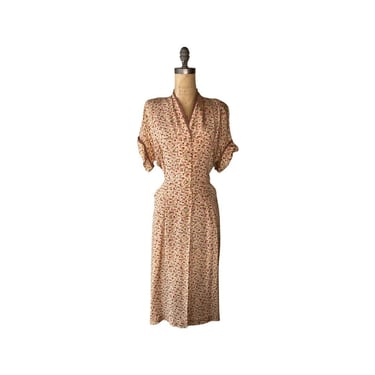 1940s rayon print dress LARGE SIZE 