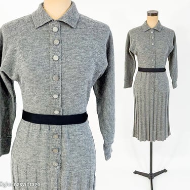 1940s Gray Knit Secretary Dress | 40s Gray Knit Dress | Barbara Caro[ | Small 