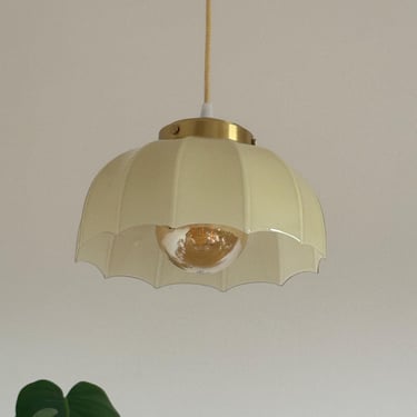 Vintage Art Deco Begie Glass Pendant Lamp / MCM German Ceiling Light / Antique Lighting Fixtures / Umbrella Shape / Made in Germany / 1960s 