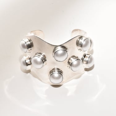 TAXCO Modernist Sterling Silver Mabe Pearl Cuff Bracelet, Wide Wavy Cuff, Statement Bracelet, 5.75" 