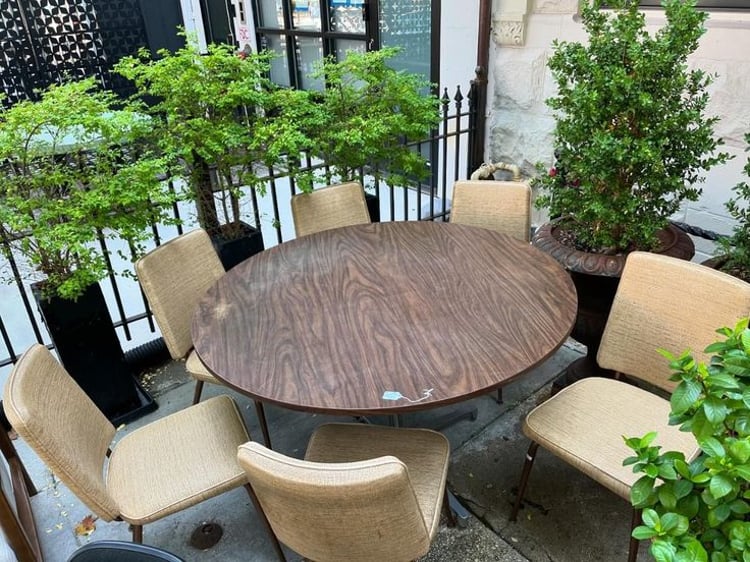 Big dining set for a big gathering. Includes six vinyl chairs and one big laminate table. Diameter 47.5” Chairs 32”x16.5” 