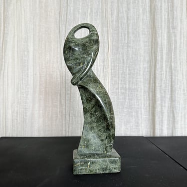 GREEN MARBLE WOMAN FIGURE SCULPTURE, SIGNED