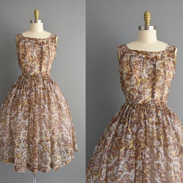 1950s dress | Beautiful Semi Sheer Brown Floral Print Full Skirt Dress | Small | 50s vintage dress 