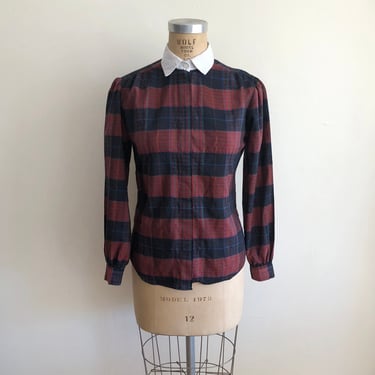 Black and Red Plaid Blouse with White Contrast Collar - 1980s 