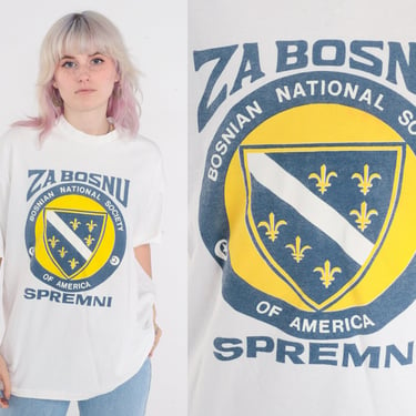 Vintage Bosnian National Society Shirt 90s Za Bosnu Spremni Coat of arms Single Stitch Tshirt 1990s Bosnian American White Signal Large xl 
