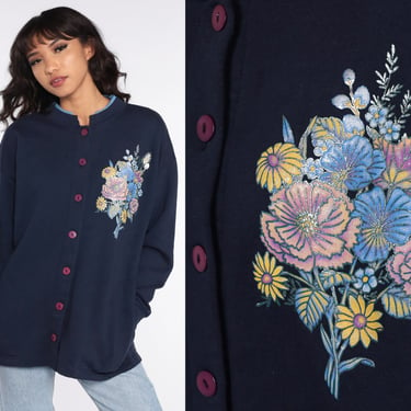 Floral Cardigan Sweatshirt 80s Gardener Sweatshirt Graphic Shirt Boho Button Up 90s Navy Blue Vintage Large 