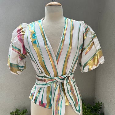 Vintage Terry & Toni art to wear jacket top white with rainbow colors Sz XS belt earrings included. 