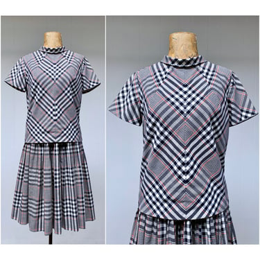 Vintage 1960s Glen Plaid Cotton Skirt Set, 60s Preppy Two-Piece Casual Top and Full Pleated Skirt by Dalton, Small 