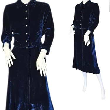 1950s Blue Rayon Velvet 2 pc Skirt Jacket Set I Sz Med I Justin McCarty - Dallas 