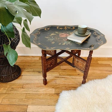 Hand Painted Tray Table With Carved Wood Base