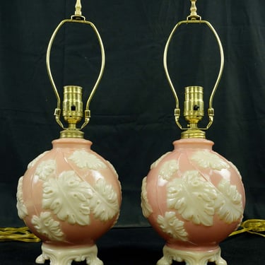 Pair of Vintage Pink & White Alacite Foliate Table Lamps