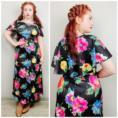 1970s Vintage Polyester Black Ruffled Cape Dress / 70s / Seventies Multi Color Floral Print Maxi Dress / Size Large 