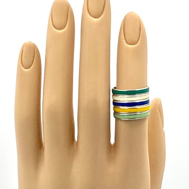 Vintage 1960s Set of 5 Stacking Enameled Sterling Silver Bands, MCM Bernard Instone Minimalist Jewelry, Made in Great Britain, VFG 