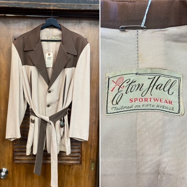 Vintage 1950’s Size L/XL “Eton Hall” Label Belted Hollywood Leisure Nassau Gabardine Rockabilly Jacket, 50’s Vintage Clothing 