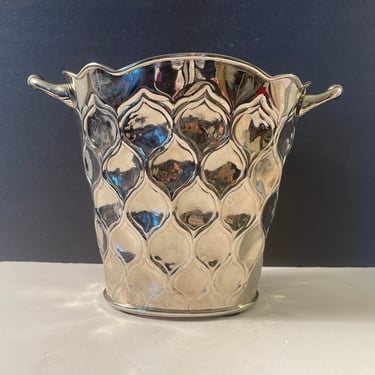 Vintage 90s Silvertone Solid Brass Ice Bucket with Hammered Moorish Design by Tahari 