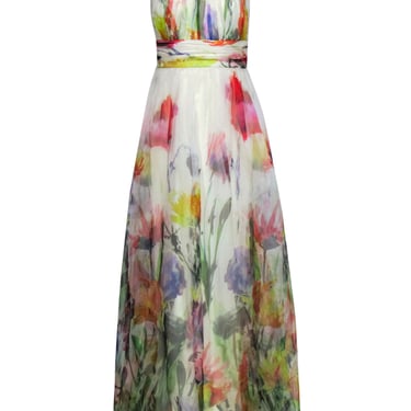 Badgley Mischka - Cream &amp; Multicolor Floral Print Gown Sz 2