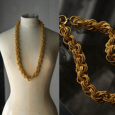 Vintage 80s ESCADA Gold Chunky Braided Chainlink Longline Necklace | Layering Necklace | 1980s Designer Layering Costume Jewelry 