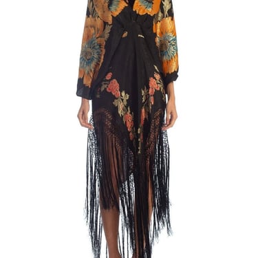 MORPHEW COLLECTION Floral Gold Lamé Silk Tunic Dress With Fringe 