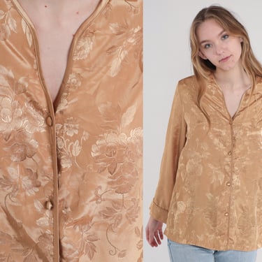 Embossed Floral Pajama Top 90s Shiny Brown Button Up Sleepwear Shirt Long Sleeve V Neck Bohemian Top Vintage 1990s Intimates Small S 