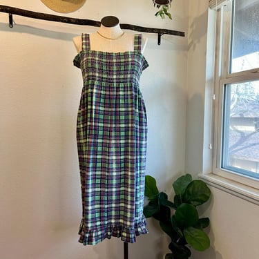 Vintage Handmade Green Colorful Plaid Tank Midi Dress Ruffled Hem Size XL 