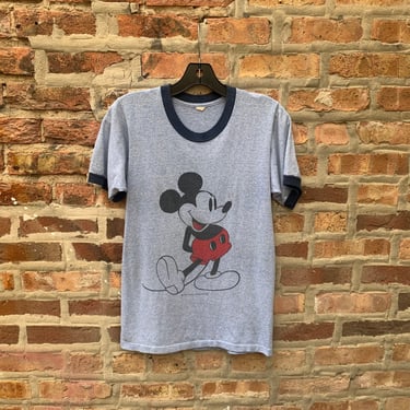Vintage 70s Mickey Mouse Ringer Tee T-Shirt Size Small Blue Heather Walt Disney Productions Tropix Togs 