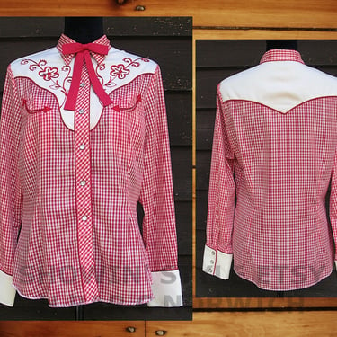 H Bar C, California Ranchwear, Women's Vintage Western Shirt, Red Plaid with Embroidered Flowers, 16-40, Approx. Medium (see meas. photo) 