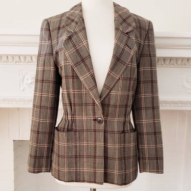 1980s Giorgio Armani Gray Brown Plaid Long Blazer / 80s Italian Designer Jacket Single Button Closure Ruched Waist / M Genevre 