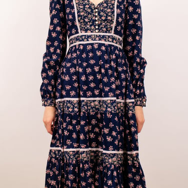 1970s Gunne Sax Navy Blue Floral Tiered Midi Dress