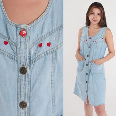 Embroidered Denim Dress 90s Jean Mini Dress Button up Jumper Heart Star Blue Pinafore Minidress Retro Sleeveless Day Vintage 1990s Small S 