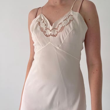 1930's White Silk Spaghetti Strap Slip with Floral Lace