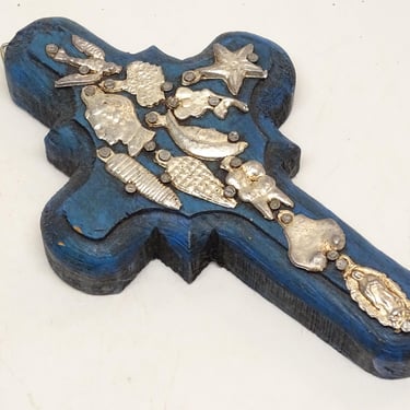 Old Vintage Wooden Cross with  Milagros from Latin America, Vintage Mexican Religious Folk Art 