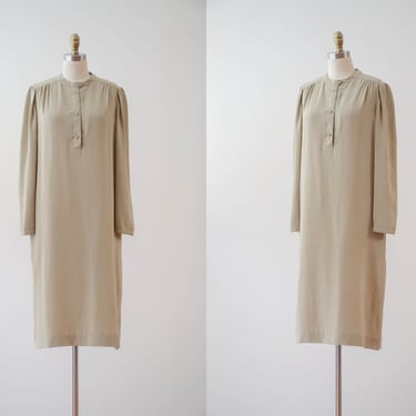 beige tunic dress | 70s vintage Rona New York tan long sleeve minimal oversized smock shirt dress 