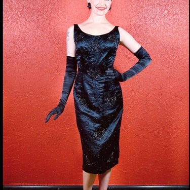 1950s Black Beaded Silk Satin Sheath Miss Elliette Limited Editions 