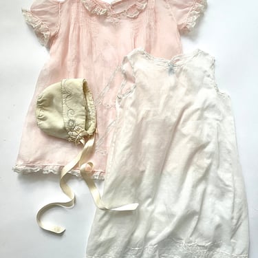 Antique French Baby Dresses and Bonnet Bundle Marshall Field Silk and Cotton 