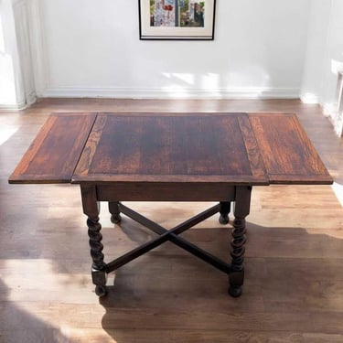 Antique Barley Twist Draw-Leaf Table, Solid Oak Dining Table, Expandable English Style, Early 1900s 