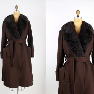 Vintage Cortefiel Dark Brown Coat / Belted Coat / Wool Coat / Vintage Coat / Faux Fur Collar Coat/ Size S/M 