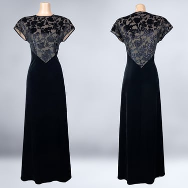 VINTAGE 80s Black Velvet Nude Illusion Bodice Cocktail Dress by Jeffrey & Dara Size 10 | 1980s Burnout Stretch Velvet Gothic Noir Gown | VFG 