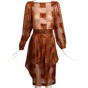 1980s Brown Silk Print Dress, Size 6