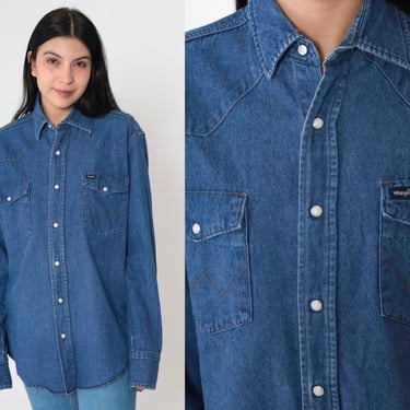 Wrangler Denim Shirt 90s Blue Jean Western Shirt Pearl Snap Top Long Sleeve Button Up Cowboy Rodeo Basic Plain 1990s Vintage Extra Large xl 