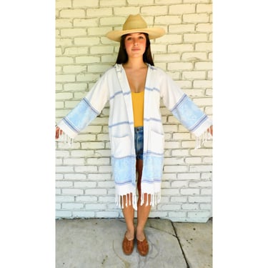 Baja Woven Jacket // vintage light coat off white Mexican boho hippie dress striped tapestry style hood robe swim cover swimsuit // O/S 