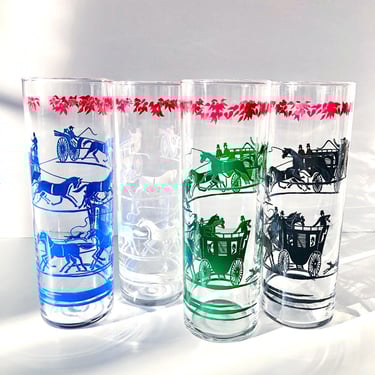 Vintage Fathers Day Gift Set, Libbey Tom Collins Glasses, Set of 4 Highballs, 50s Horse Carriage Cocktail Set, MCM Barware Dad Gift for Him 