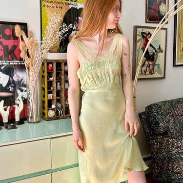 1930s Green Silk and Lace Slip 
