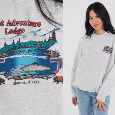 Iliamna Alaska Sweatshirt 90s Point Adventure Lodge Shirt Trout Fly Fishing Bear Graphic Wildlife Hotel Travel USA Grey Vintage 1990s Large 